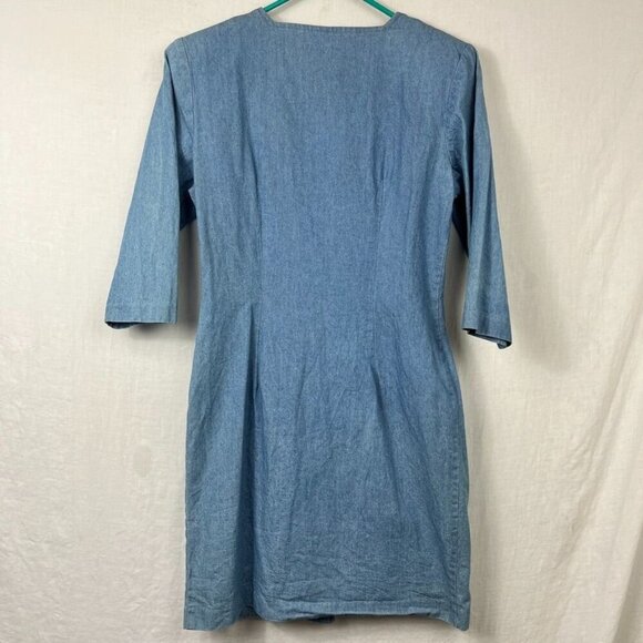 Vintage 90s Full Button Denim Sheath Dress Womens M Square Neck Boho Mom USA - Picture 6 of 13